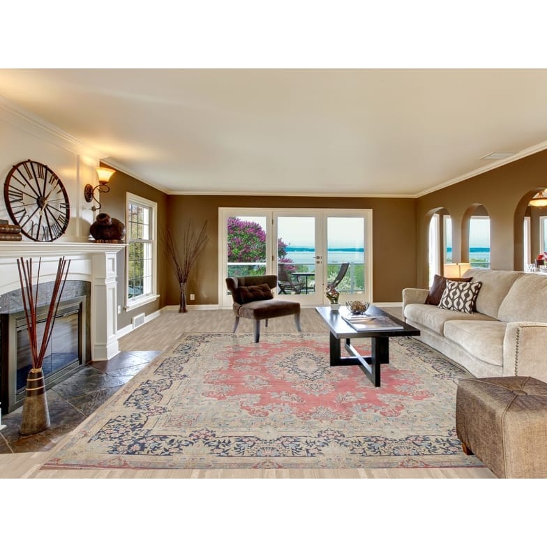 Hand Knotted Oriental 100% Wool Carpet Traditional Floral Pink Kerman Area Rug - 14' 0'' X 9' 11''