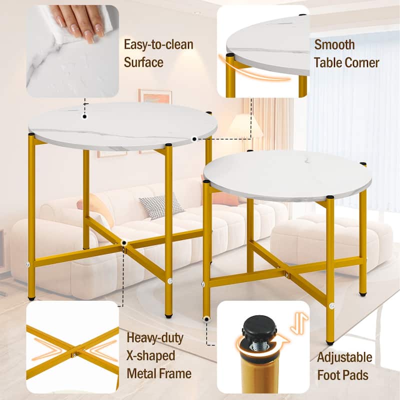 Nesting Round Coffee Tables Set of 2 with Sturdy Metal Frame - 25.5" x 25.5" x 20"