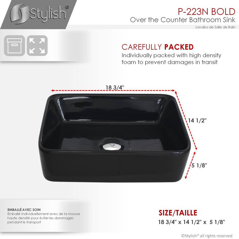STYLISH Porcelain Rectangular 18 3/4-inches Top Mounted Ceramic Vessel Bathroom Sink - 18.75" x 14.5" x 5.25"