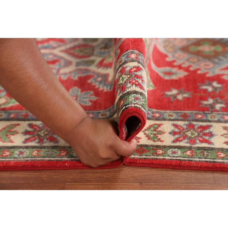 Geometric Orange Kazak Rug Hand-Knotted Wool Carpet - 3'4" x 5'0"