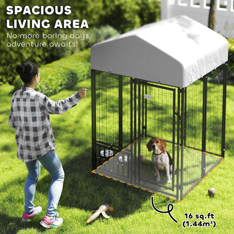 PawHut Outdoor Dog Kennel, Dog Run Welded Wire Heavy Duty with Rotatable & Height Adjustable Bowls, Dog Kennel Outside