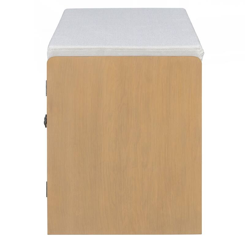 Rustic Storage Bench Multifunctional Wood Entryway Shoe Bench with Removable Cushion, Woven Rattan Doors & Adjustable Shelves