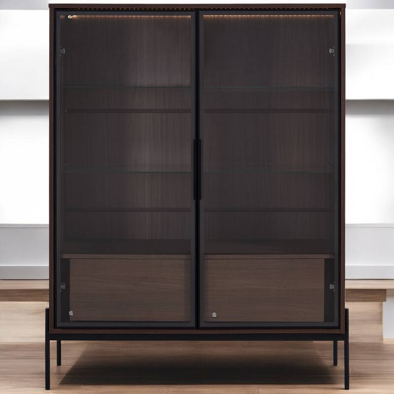 51.2" Tall Lighted Display Cabinet with Tempered Glass Doors, Metal Legs, LED Curio Cabinet for Living Room, Office, Study