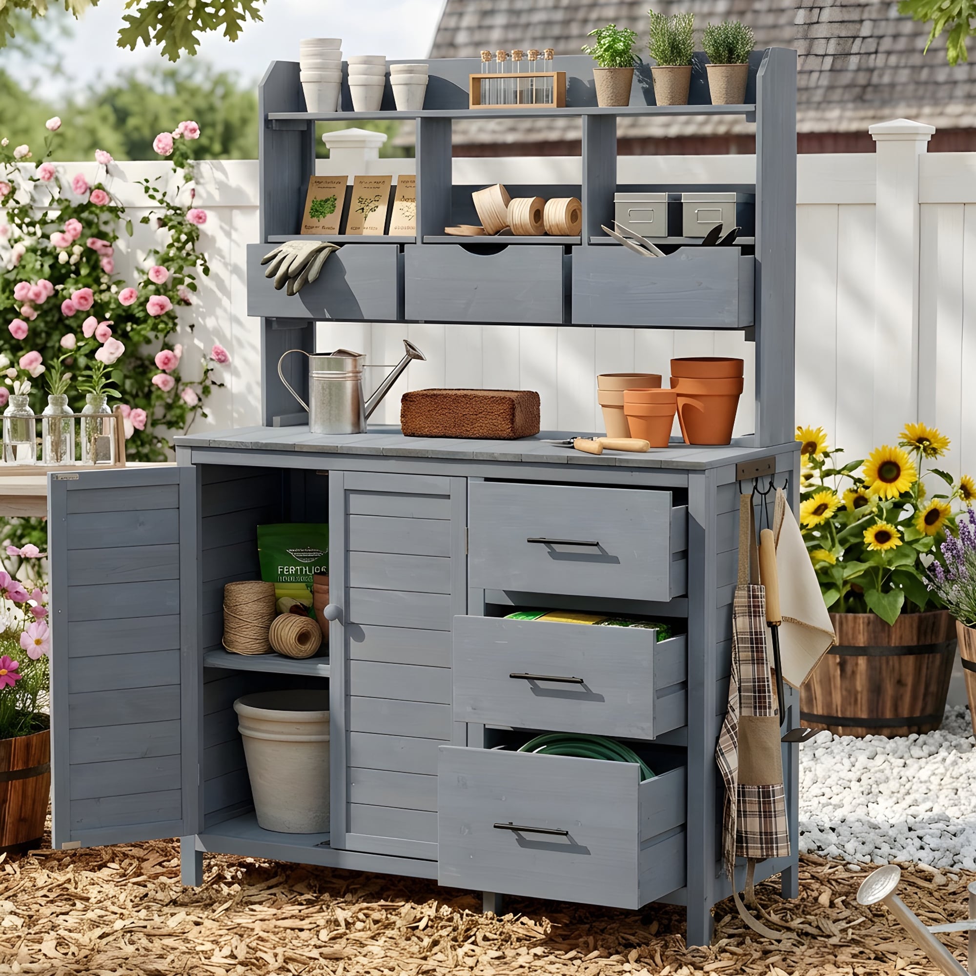 Farmhouse Patio Potting Bench, 44.6"x19.5" Large Freestanding Garden Workstation with 6 Drawers, Bottom Cabinet and Side Hook