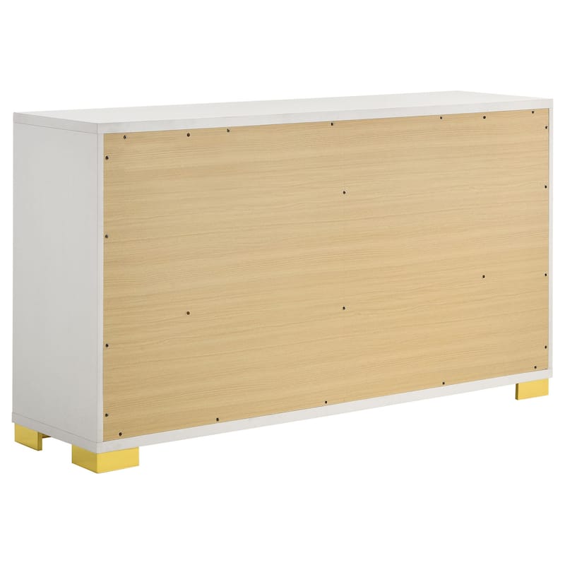 Dex 59 Inch Wide Dresser, 6 Drawers with Long Vertical Gold Handles, White