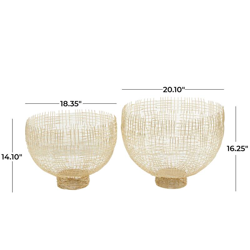 Gold Metal Decorative Bowl Decorative Bowl with Cross Hatching Patterns (Set of 2)