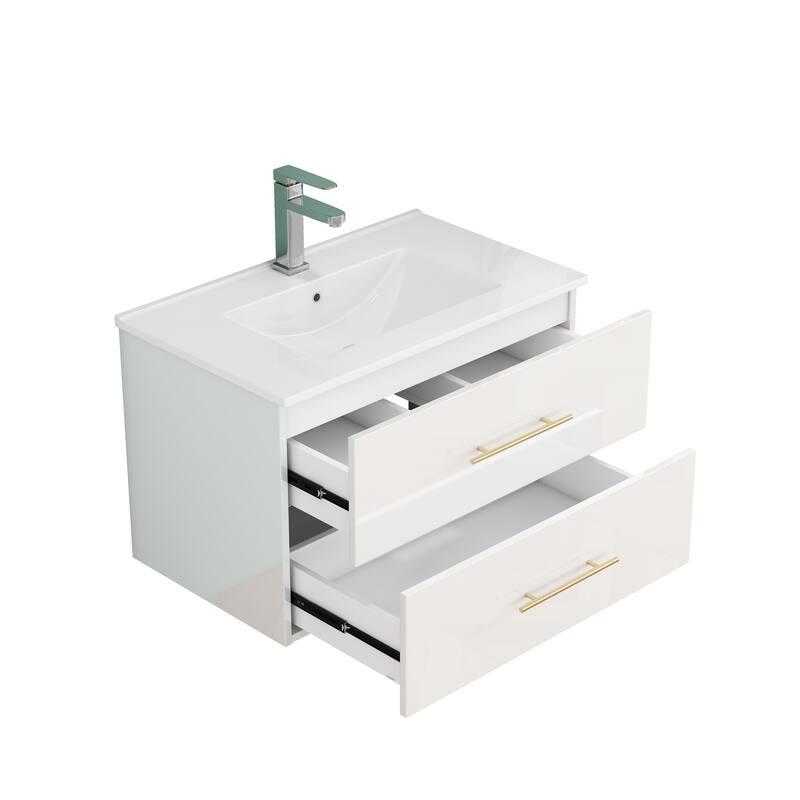 30-Inch Gloss Wall-Mounted Bathroom Vanity with Sink Combo, Double Drawers,Ceramic Sink,Long Metal Handle