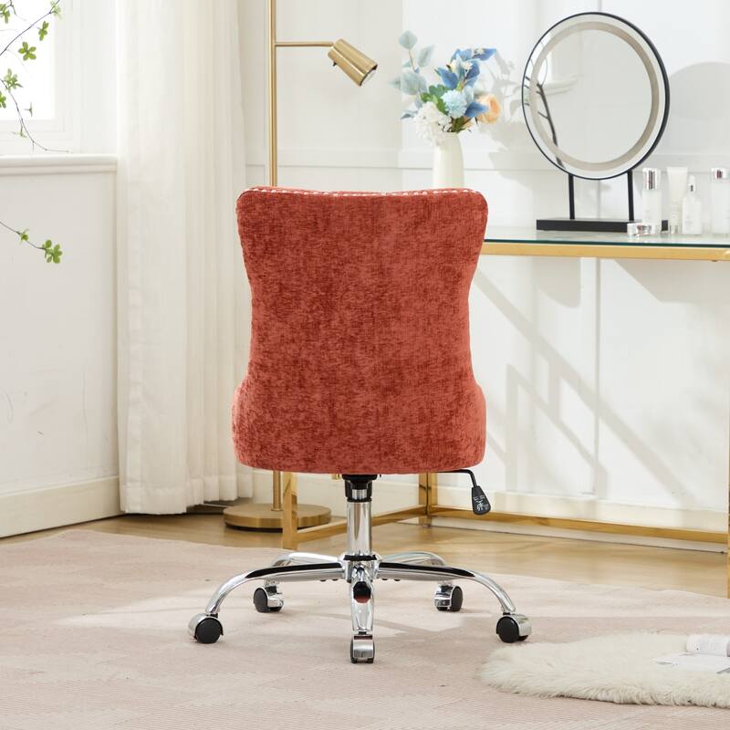 Chenille Upholstered Swivel Office Chair, Tufted Button Home Office Chair, Adjustable Vanity Chair with Metal Base