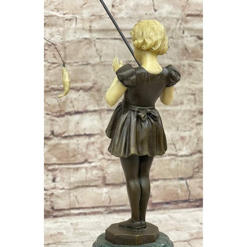 Young Girl Child Fishing Bronze Metal Statue Sculpture Figure On Marble Base