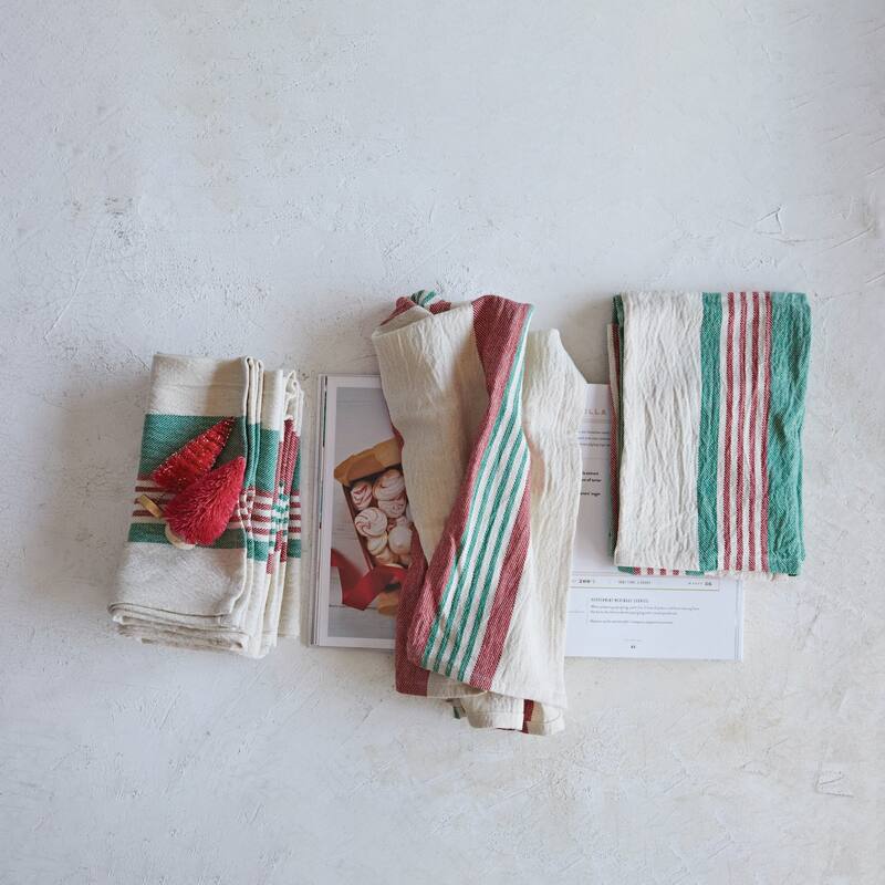 Cotton Napkins with Stripes and Jute and Wood Ring Tie, Set of 4