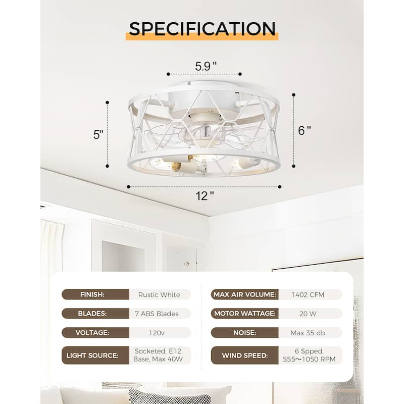 12 Inch Farmhouse Caged Ceiling Fan with Remote Control - 12 Inches