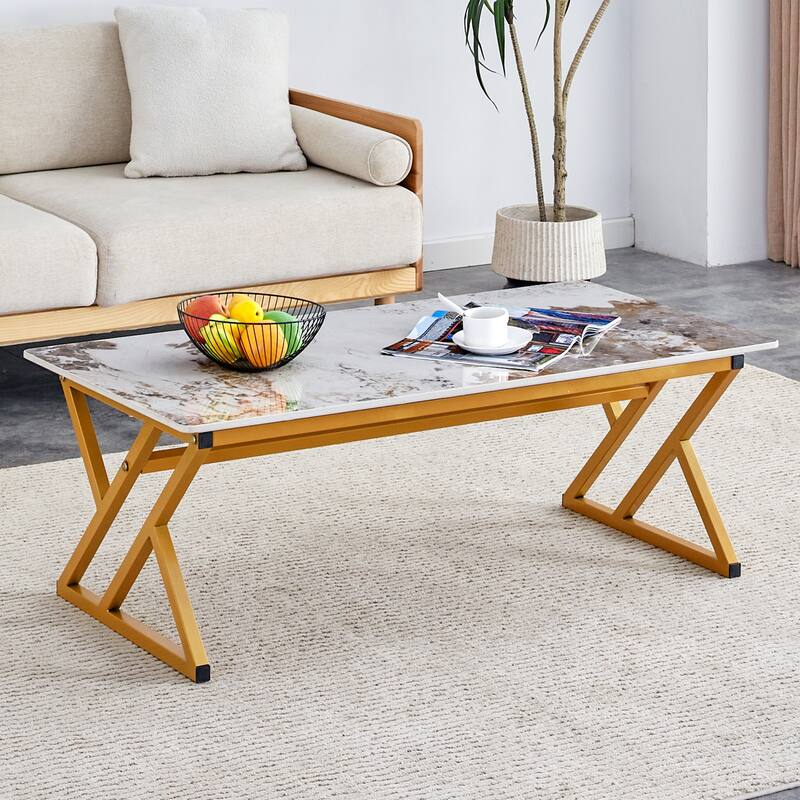 A modern minimalist style marble patterned coffee table with golden metal legs Computer desk Game table Tea table
