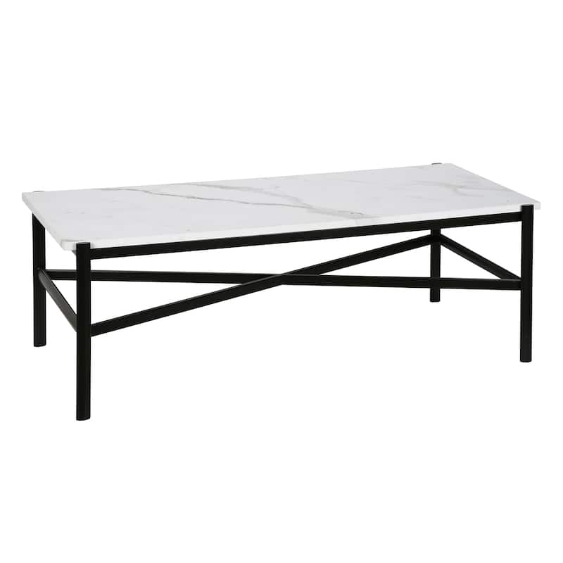 46 Inch Modern Faux Marble Coffee Table Rectangular Metal Base Accent for Living Room Decor - 46"L x 20"W x 16"H - Black-White