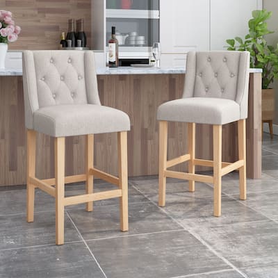 Vienna Contemporary Fabric Tufted Wingback 31 Inch Counter Stools, Set of 2, Light Grey and Natural
