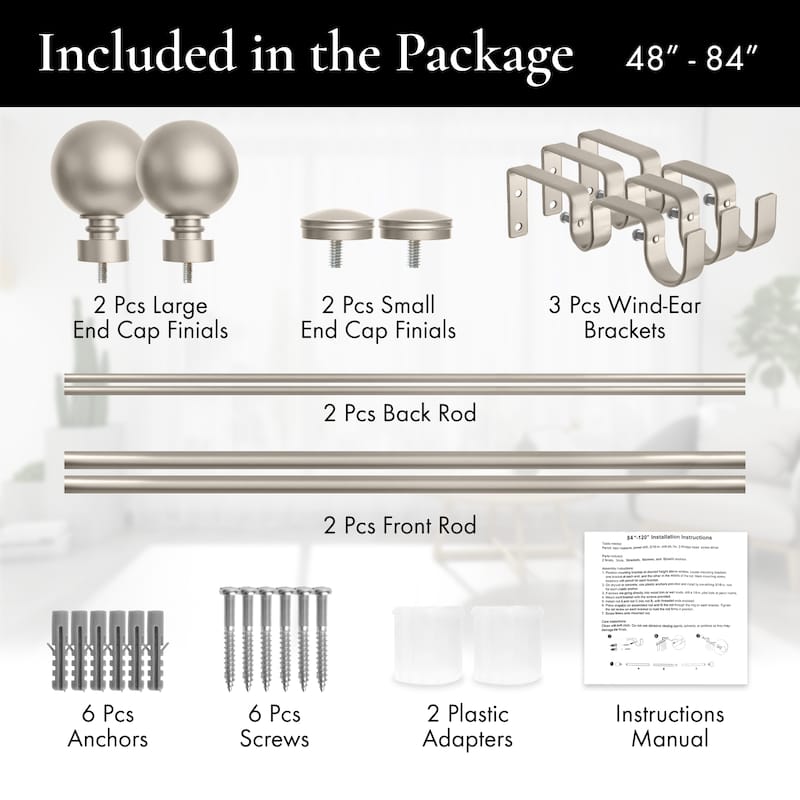 Meriville 1-Inch Diameter Steel Ball Double Window Curtain Rod with Norwood End Cap Finial