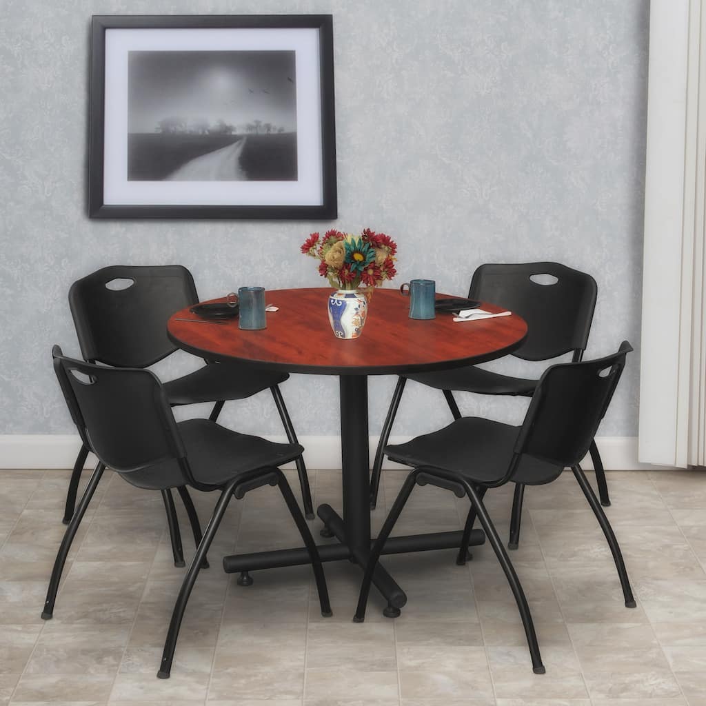 36 in. Round Breakroom Table- Cherry & 4 'M' Stack Chairs- Black