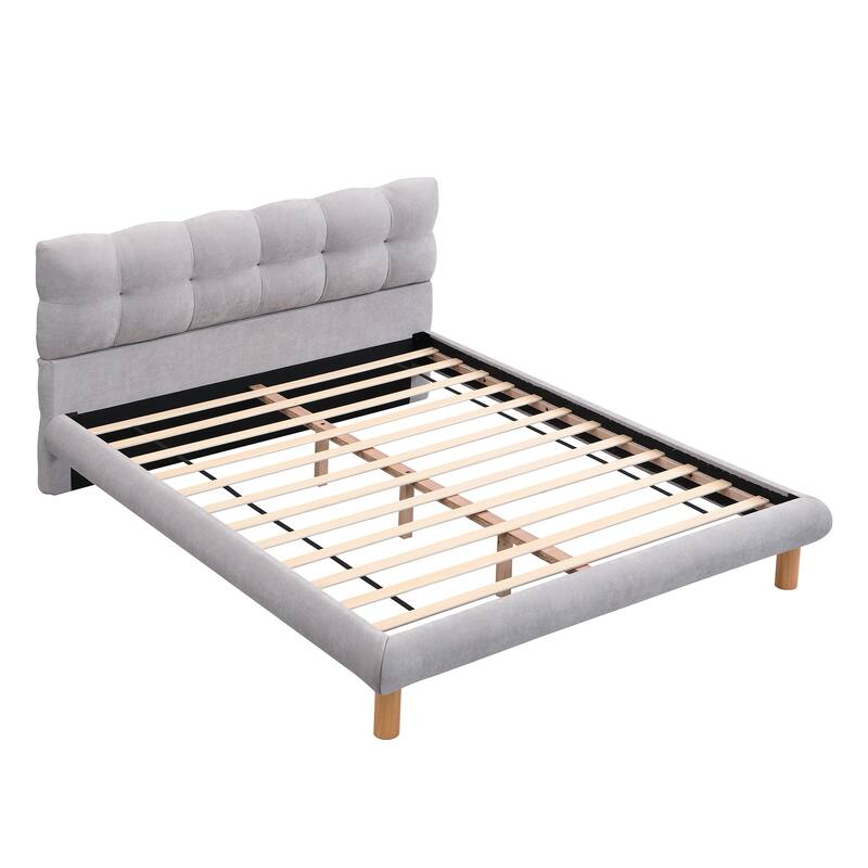 Grey Platform Bed Frame with Cookieshaped Headboard Upholstered Wingback Bed, Low-Profile Grounded Bed with Round Wood Legs