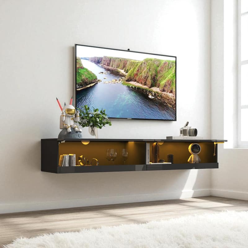 Wall Mounted Floating 80" TV Stand with LED Lights & Charging Station, Modern Media Console with Storage
