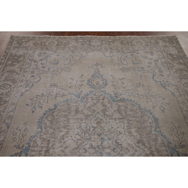 Beige Distressed Tabriz Persian Antique Area Rug Handmade Wool Carpet - 6'5" x 9'4"