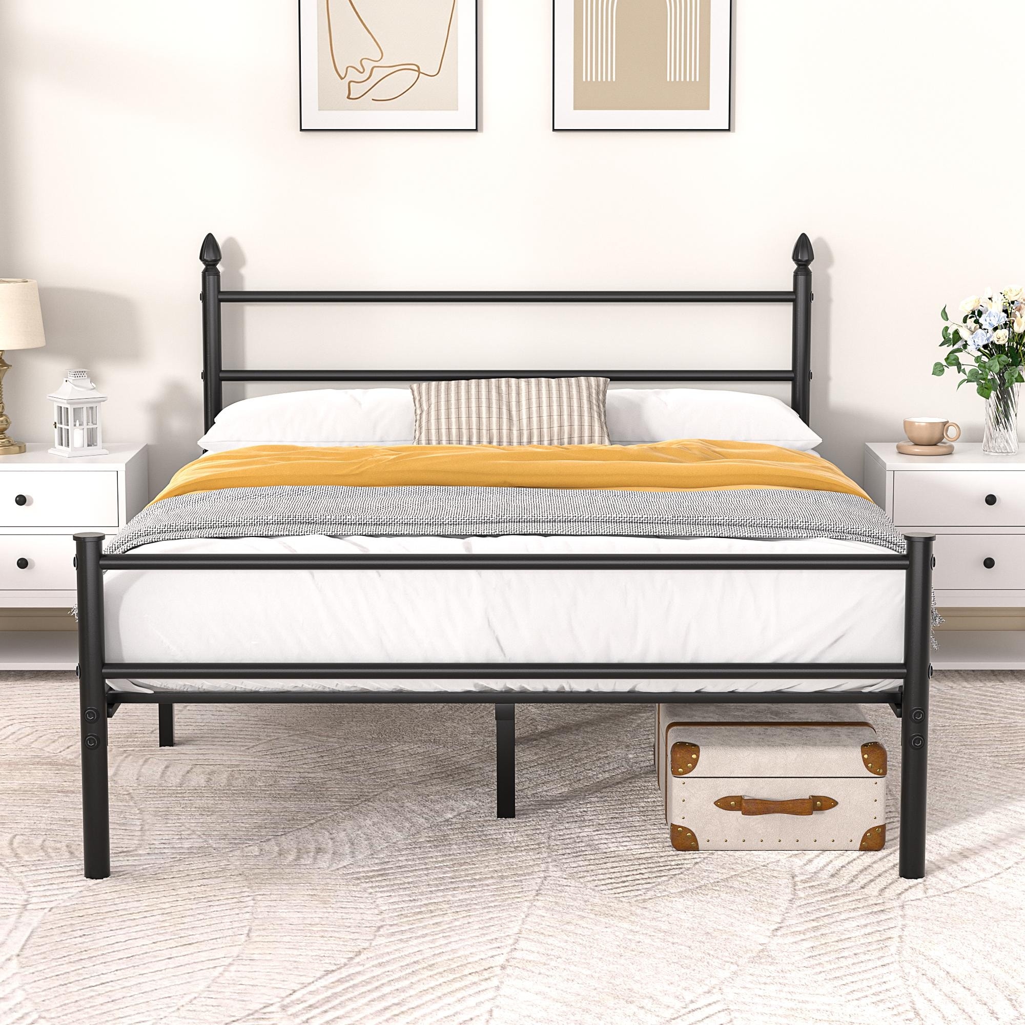 Platform Full Bed Frame Metal Frame Mattress Foundation Headboard