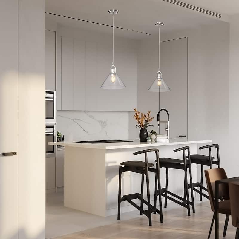 Brushed Nickel 1-Light 12 in. Modern Pendant with Clear Cone Glass Shade - Brushed Nickel