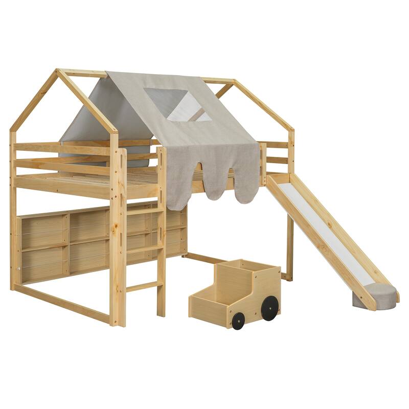 House-shaped Wooden Loft Bed with Tent, Slide, Ladder and Shelves