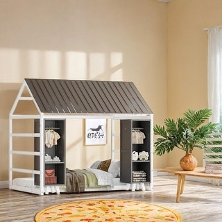 Twin Size House Bed with Fence and Roof, Kids Floor Bed with Two Movable Wardrobes