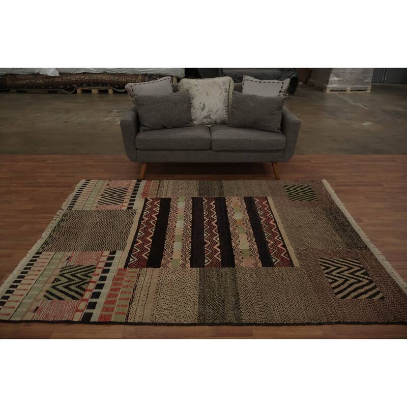 Hand Knotted Oriental 100% Wool Carpet Modern Geometric Brown Modern Area Rug - 7' 7'' X 6' 1''