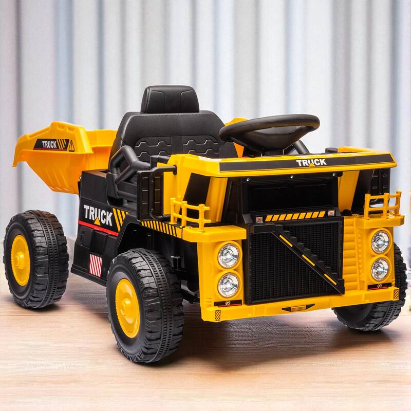12V Kids Ride-On Dump Truck with Electric Dump Bed, Music, LED Headlights, Spring Suspension, Ages 3-5 - Yellow