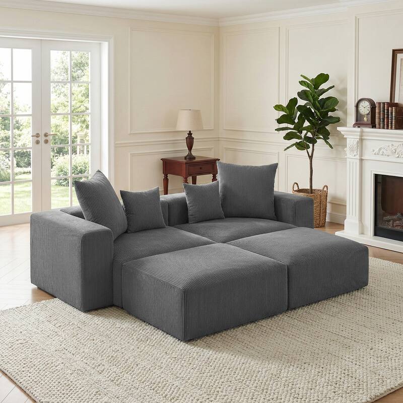 81"W No Assembly Corduroy Modular Sectional Sofa with Ottoman - Grey