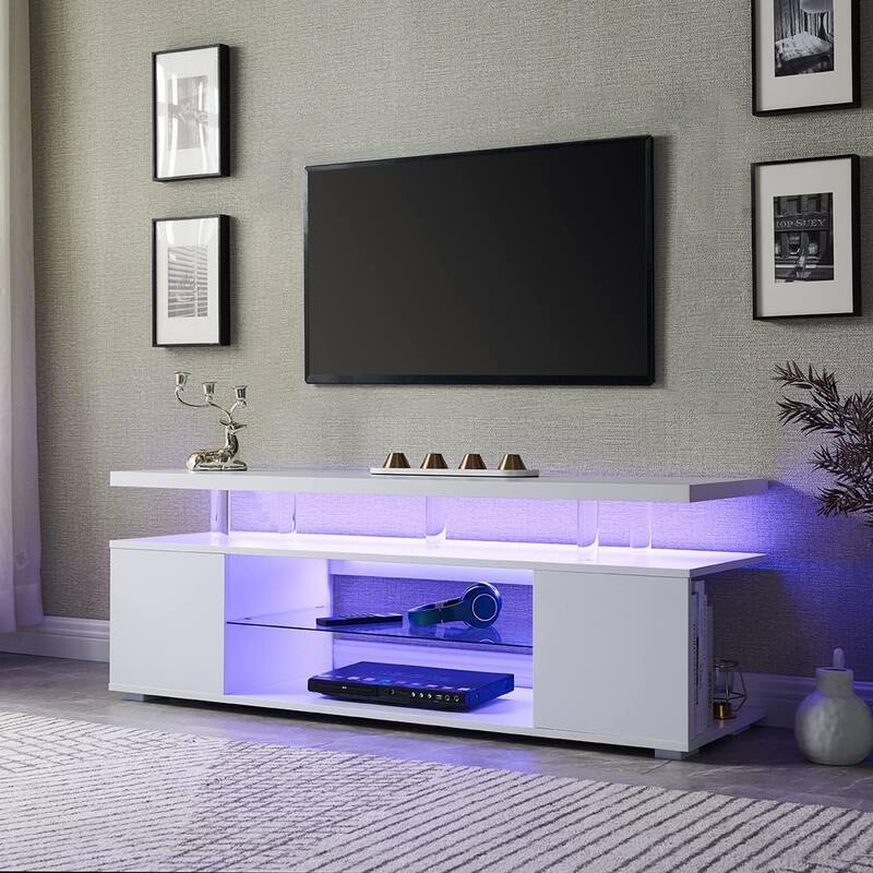 White 63" LED Gaming TV Stand with Cabinet & Multi-Colored LED for 70" TVs