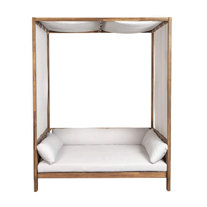 Scott Living Outdoor Acacia Wood Daybed with Canopy and Curtains, Washable Cushions and Detachable Pillows