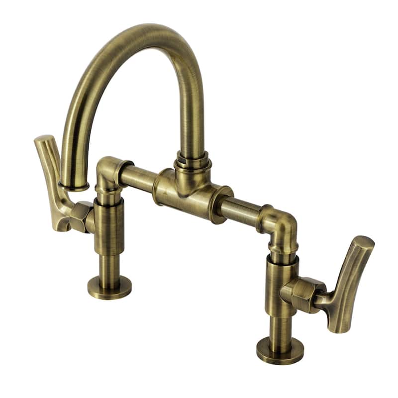 Kingston Brass Hallerbos Two-Handle 4-Hole Deck Mount Bridge Bathroom Faucet with Brass Pop-Up Drain - Antique Brass