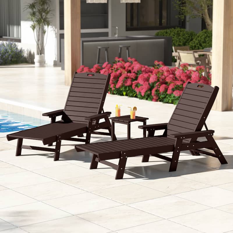 Laguna Hdpe All Weather Outdoor Patio Pool Reclining Chaise Lounges With Square Side Table (3-Piece Set) - Dark Brown