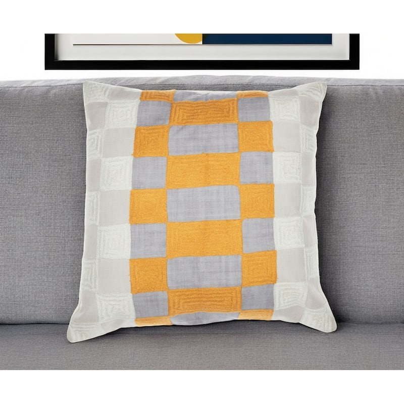 HomeRoots 20" Yellow and Gray Check Throw Pillow With Embroidery - Accent - Polyester