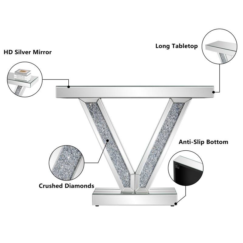 V-Shaped Frame Mirrored Console Table With Sparkling Crystal Accents