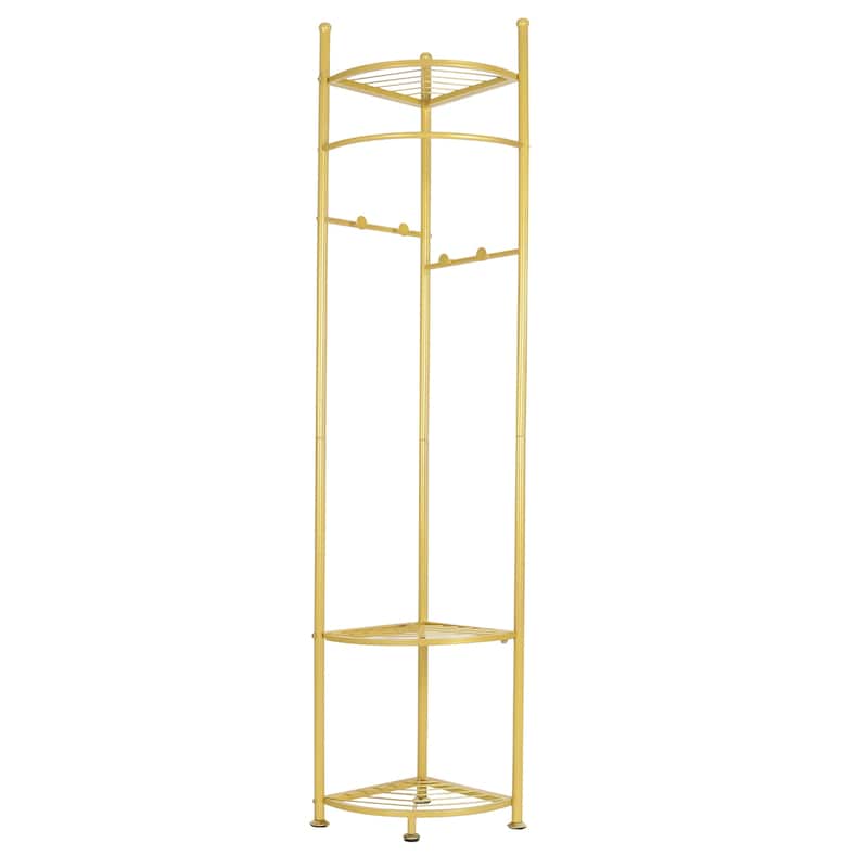 Metal Gold Corner Clothes Rack Hat Coat Storage with Folding Shelf and 4 Hooks