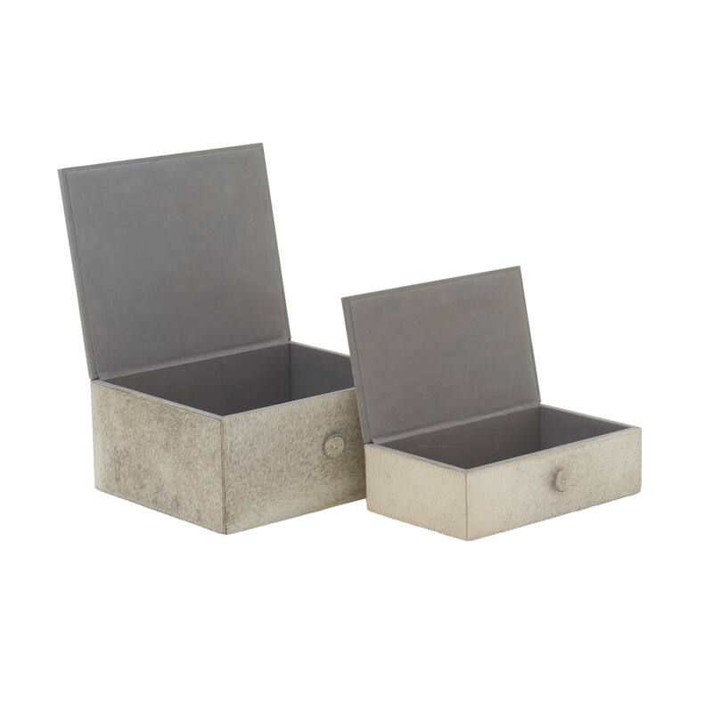 Gray Leather Handmade Box with Hinged Lid (Set of 2) - White or Gold
