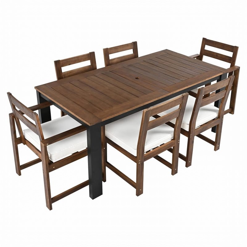 Acacia Wood 7 Piece Patio Dining Table and Chairs Set with Umbrella Hole for Outdoor Gatherings and Relaxation