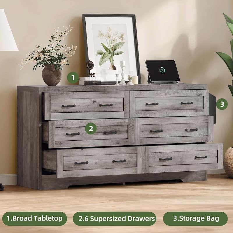 Vintage 6 Drawers Double Dresser Chest of Drawers with Charging Station
