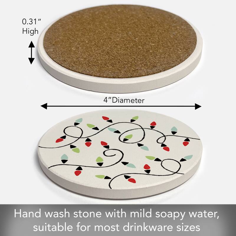 Christmas Lights 4 Pack Absorbent Stone Tumbled Tile Coasters with Cork Backing 4" Round Made in The USA Absorbent Wipes Clean