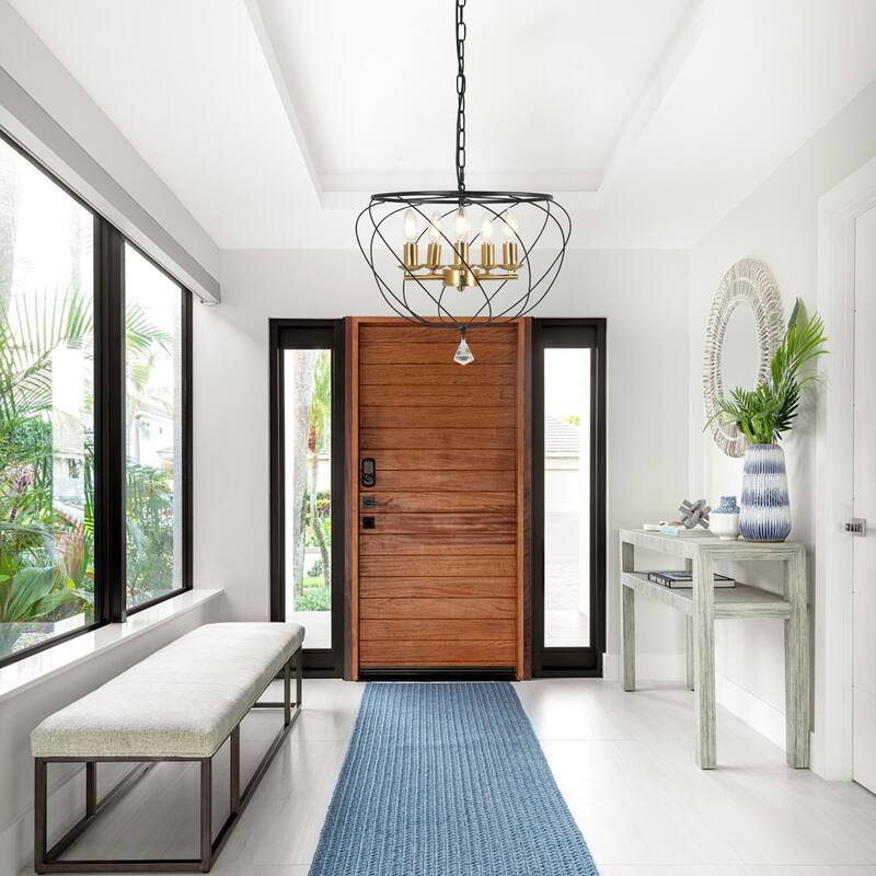 CurveCurio 18" Caged Minimalism Industrial Modern Chandelier with 70" Adjustable Hanging Chain and 5 Lights - 18" * 18" * 12"