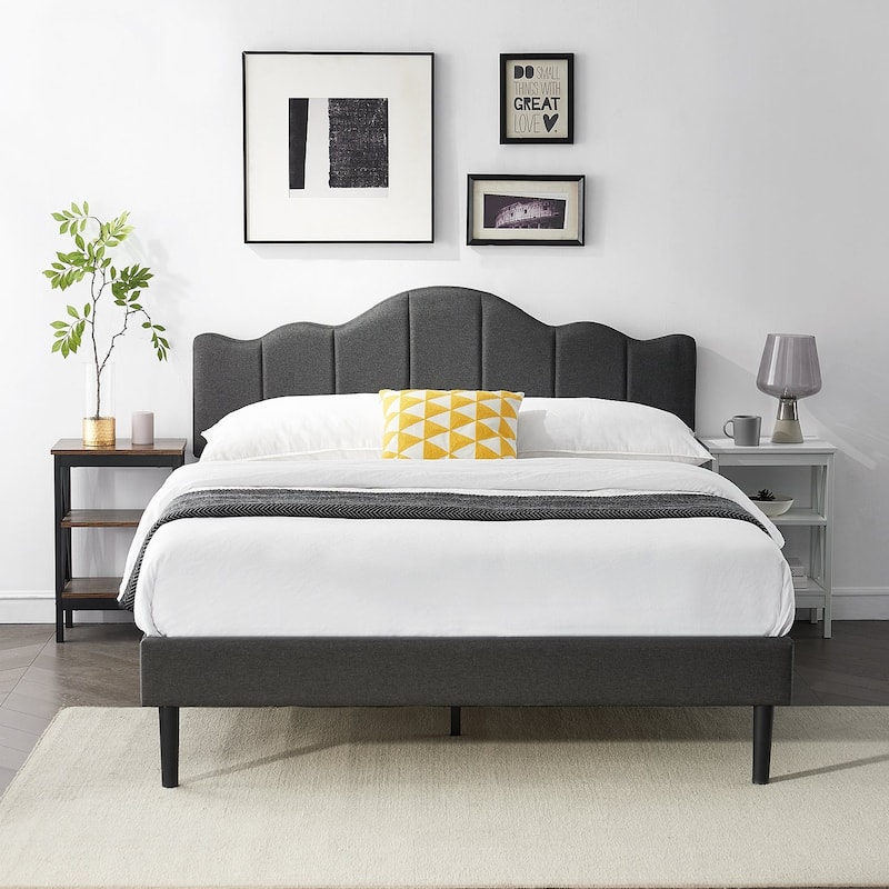 VECELO Modern Upholstered Platform Bed with Adjustable Headboard, Dark Blue/ White/ Grey/ Beige Bed Frames