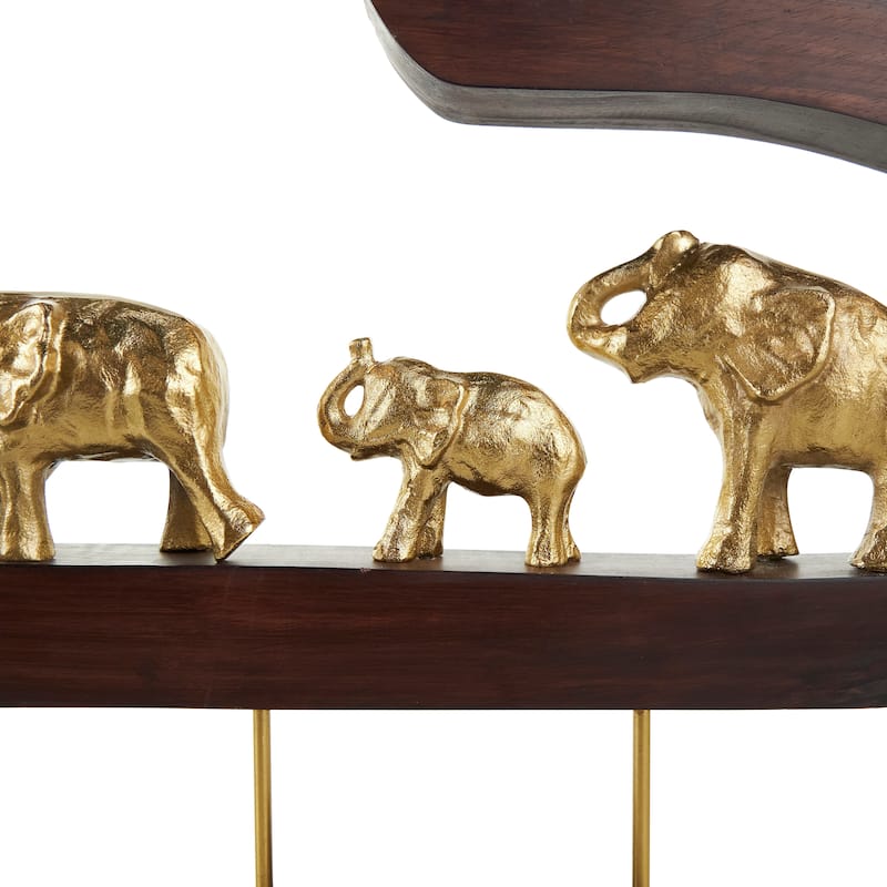 Gold Aluminum Metal Elephant Sculpture with Brown Wooden Frame