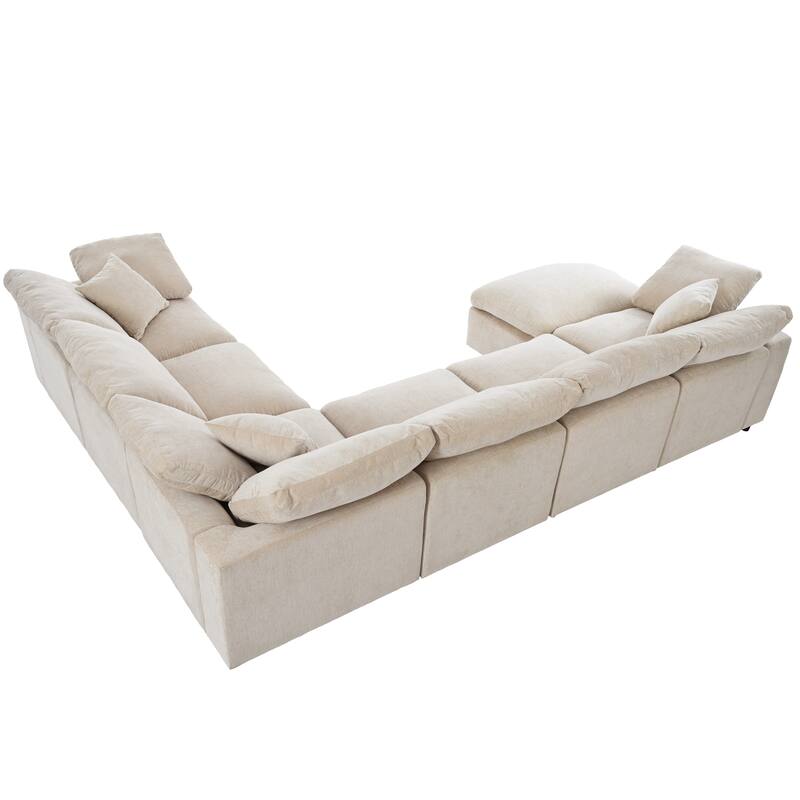 129.3'' L-Shaped 7-Seat Sectional Sofa with Ottoman and Pillow for Spacious Living