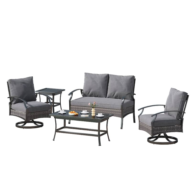 Patio PE Wicker Conversation Set with Swivel Chairs, Coffee & Side Table
