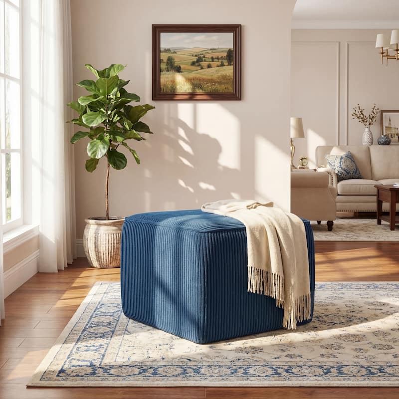 Christopher Knight Home - Mid-Century Modern Upholstered Corduroy Ottoman with Pocket Coil Comfort - Blue