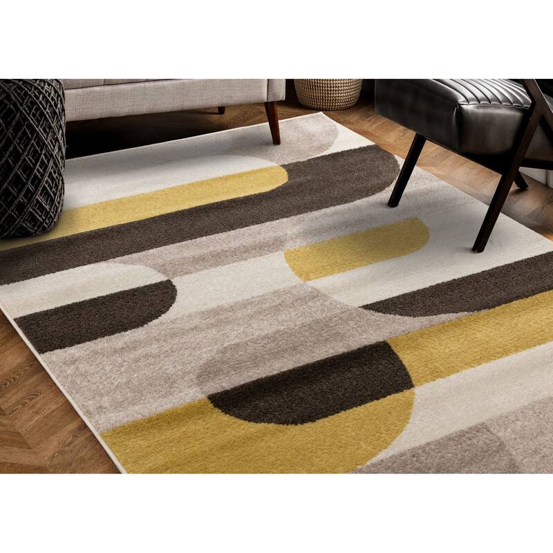 Marley Collection - Geometric Curves Taupe Oxblood Area Rug