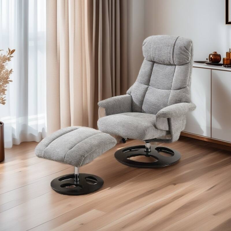 360° Swivel Ergonomic Recliner Chair with Ottoman, Adjustable Backrest, 5 Vibration Massage, Seat Heating, Chenille Fabric - Grey