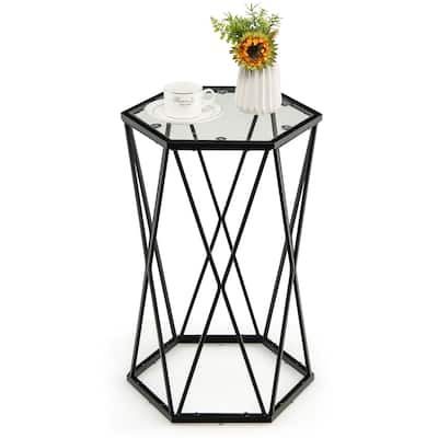 Hexagon Side Table End Table Small Coffee Accent Table w Glass Top